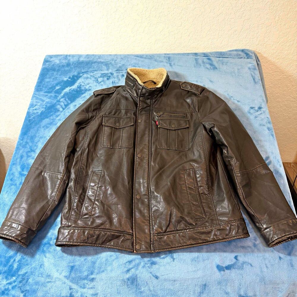 Levis Mens Faux Leather Sherpa Jacket XL Brown Aviator Bomber Utility NO PEELING